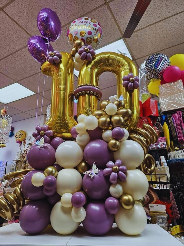 Purple & Gold Custom Balloon Bouquet with Distortion Balloon Flowers
