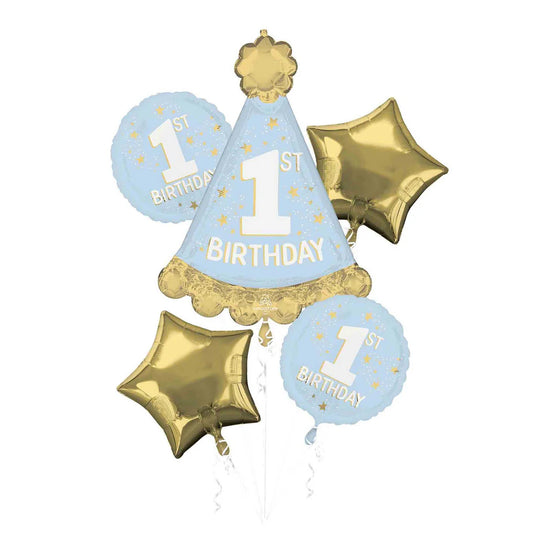 1st Birthday Balloon Bouquet (Blue & Gold) (5) pieces with a foil weight 6oz.