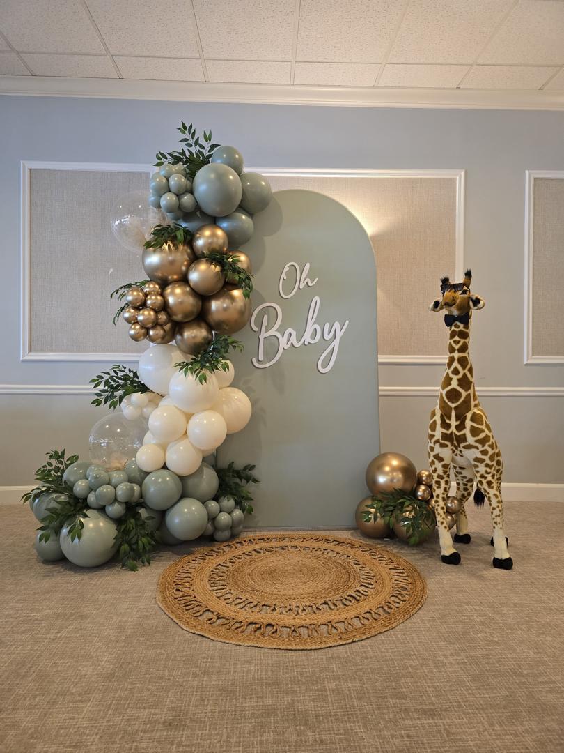 Baby Shower Jungle Theme Balloon Arch with Oh Baby Backdrop Rental