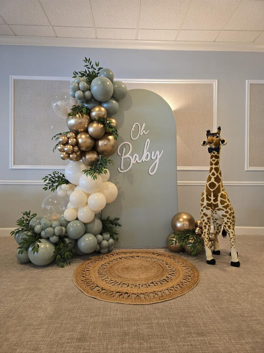 Baby Shower Jungle Theme Balloon Arch with Oh Baby Backdrop Rental