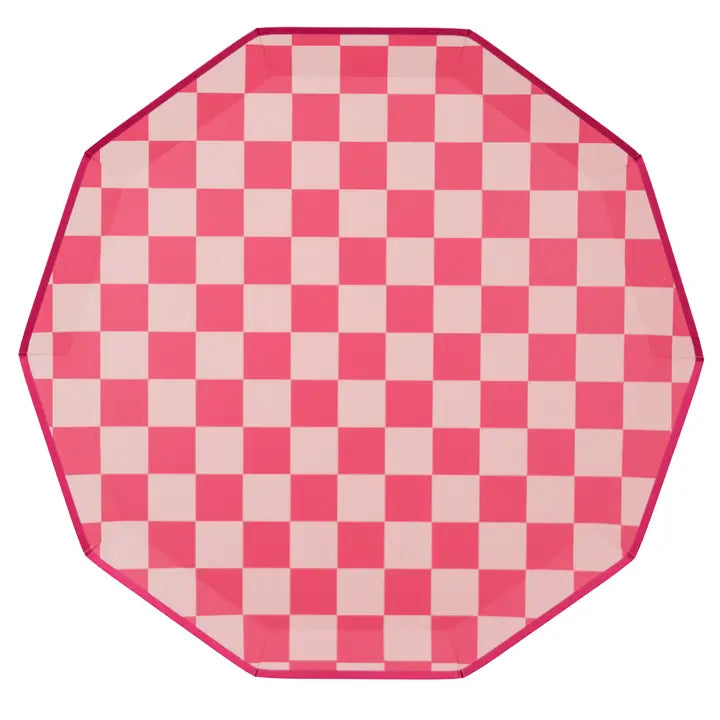 Pink Checkered Dinner Plates 8-Pack - Party Tableware Supplies