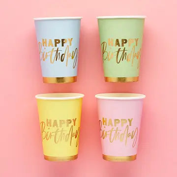 Pastel Happy Birthday Party Cups (8 Pack)