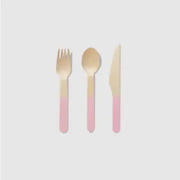Pink/Hot Pink/Yellow/Silver Wooden Cutlery Set (18 Pieces)